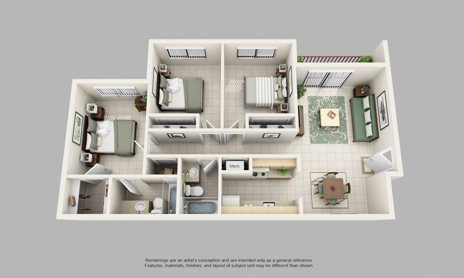 Floor plan for 3 beds, 2 baths, 1100 sqft